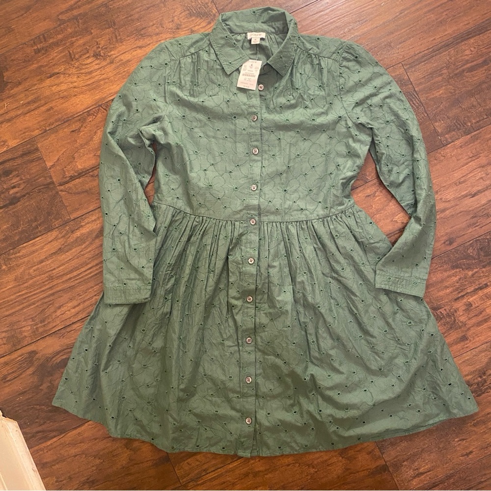 J.Crew Green Eyelet Embroidered Button-Down Dress – Size 4